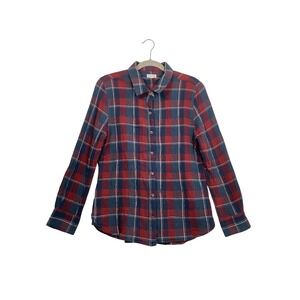 Garnet Hill Womens Red Navy Plaid Organic Cotton Crinkle Button Down Shirt 10